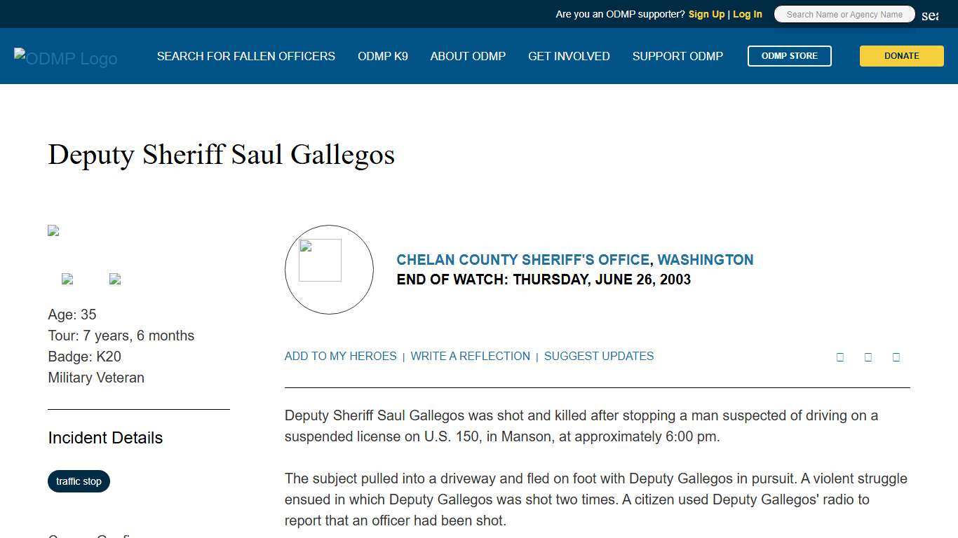 Deputy Sheriff Saul Gallegos, Chelan County Sheriff's Office, Washington